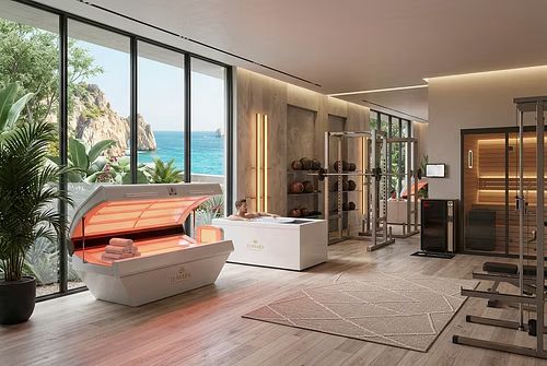 The LUMARA Collection™ — recovery suite with red light bed, cold plunge, sauna and performance equipment